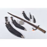 THREE KUKRI STYLE KNIVES, two fold up knives and a bayonet, the Kukris are of various sizes and