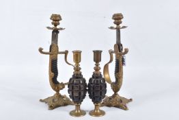 TWO PAIRS OF VERY UNSUAL TRENCH ART CANDLE HOLDERS, one pair are two swords that have been cut
