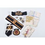AN INTERESTING BOX OF NAVAL BULLION BADGES, to include shoulder epaulettes and insurance trade