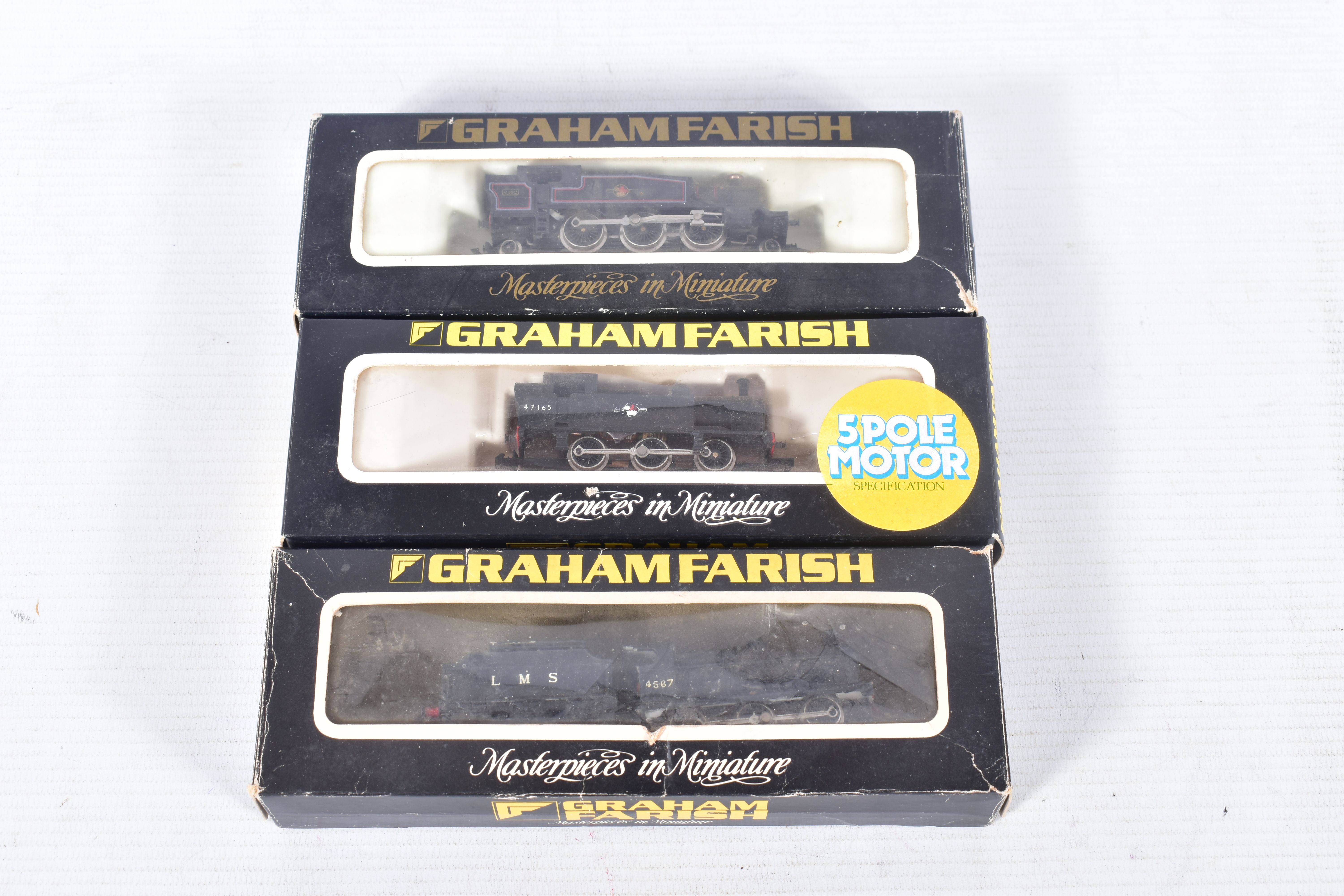 THREE BOXED GRAHAM FARISH N GAUGE LOCOMOTIVES, class 4F No.4567 (renumbered), L.M.S. black livery (