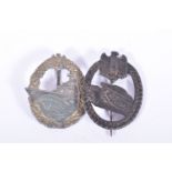 TWO GERMAN WWII ERA BADGES, one Destroyer war badge and a Bronze Tank Battle badge, neither badge