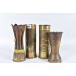 FOUR TRENCH ART STYLE VASES, to include a 1917 shell case with leaves on the front and souvenir of