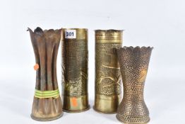FOUR TRENCH ART STYLE VASES, to include a 1917 shell case with leaves on the front and souvenir of