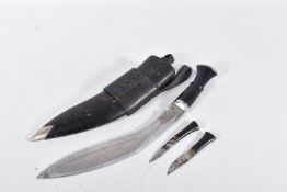 A KUKRI STYLE KNIFE IN LEATHER HOLDER, this is complete with its two smaller knives