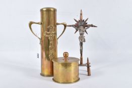 THREE ITEMS OF TRENCH ART TO INCLUDE A CRUCIFIX, this stands on a base of four bullets and is
