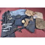 TWO BOXES OF UNIFORMS, KIT BAGS AND A SWORD, to include a RAF Great Coat, two Jackets, one with rank