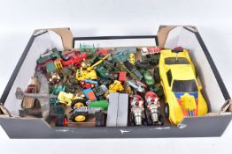 A BOX OF PLAYWORN VINTAGE CORGI AND MATCHBOX MODEL VEHICLES, to include Corgi models James Bond