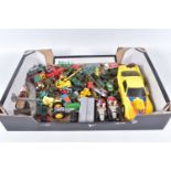 A BOX OF PLAYWORN VINTAGE CORGI AND MATCHBOX MODEL VEHICLES, to include Corgi models James Bond