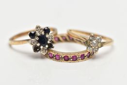A SELECTION OF THREE RINGS, to include a 9ct yellow gold sapphire and diamond cluster ring,