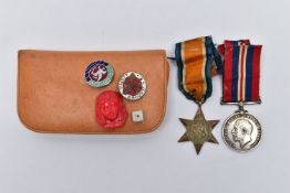 A PURSE WITH MEDALS AND ITEMS, tan colour purse with zip, together with a WWI medal assigned to '
