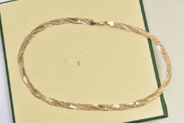 A 9CT GOLD ARTICULATED CHAIN, plaited flat chain, fitted with a lobster clasp, hallmarked 9ct