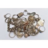 A BAG OF ASSORTED SILVER AND WHITE METAL JEWELLERY, to include a silver thimble hallmarked