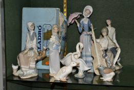 SEVEN LLADRO FIGURINES AND BIRD FIGURES, WITH TWO NAO BIRDS, comprising a boxed New Shepherdess no