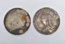 TWO SILVER CROWN COINS, each depicting Queen Vicotria, dated 1899, approximate gross weight 56.1
