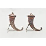 A PAIR OF 'THEODOR OLSENS' SALT AND PAPPER SHAKERS, cornucopia design Viking horns, fitted with