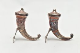 A PAIR OF 'THEODOR OLSENS' SALT AND PAPPER SHAKERS, cornucopia design Viking horns, fitted with