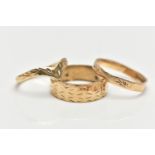 THREE 9CT YELLOW GOLD RINGS, to include a wide band with engraved detail, a wish bone ring and a
