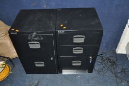 TWO BLACK METAL OFFICE CABINETS one with three drawers the other with two both with keys both widths