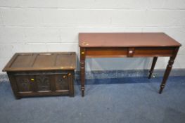 AN EDWARDIAN MAHOGANY SIDE TABLE, with a secret single drawer to the side, length 120cm x depth 43cm