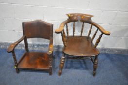 A 19TH CENTURY STYLE BEECH SMOKERS CHAIR, and a low chair with open armrests (2)