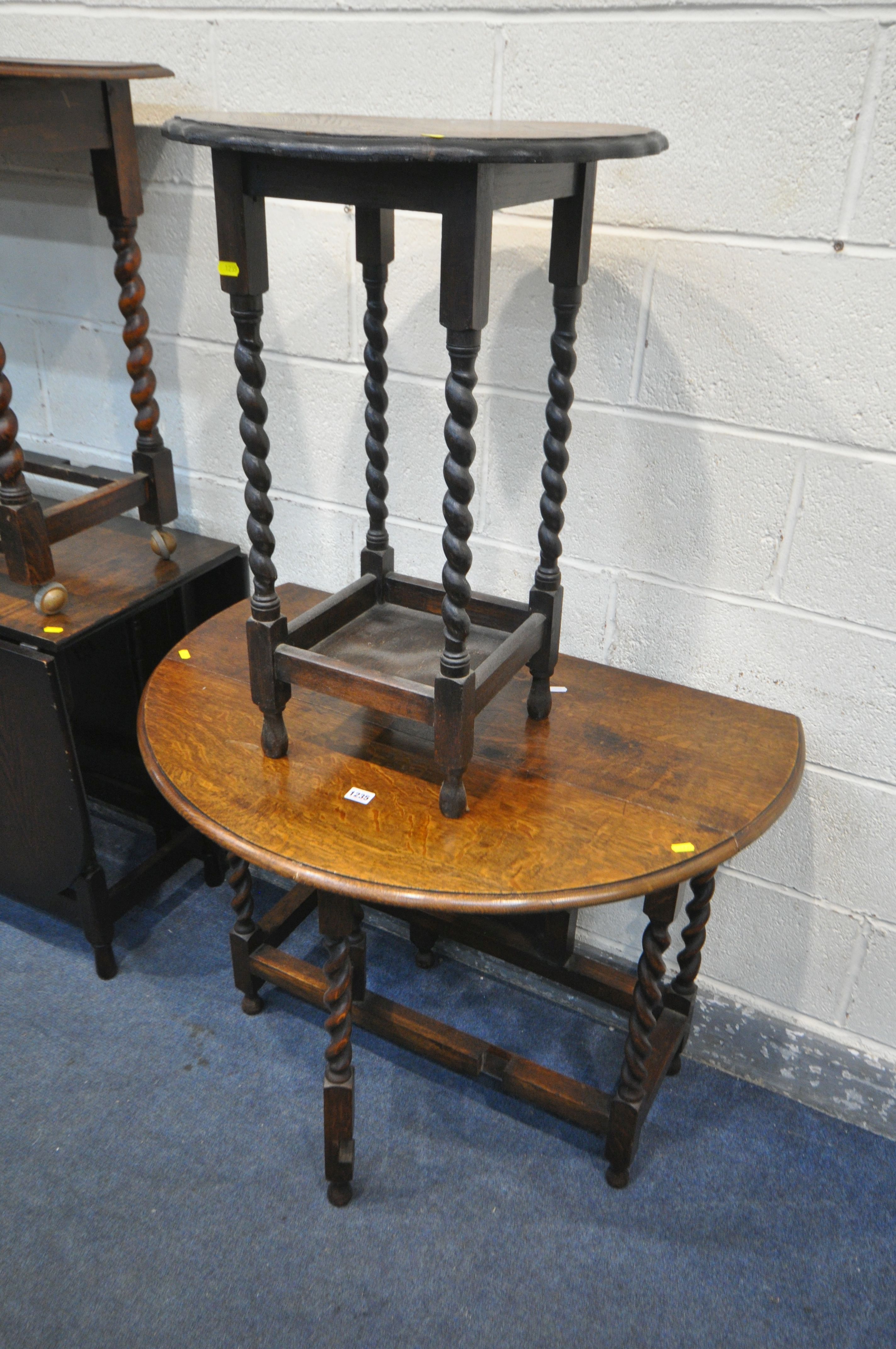 FOUR VARIOUS OAK TABLES, to include a slim oak barley twist gate leg table, an oak gate leg table, - Image 2 of 3