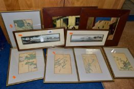 NINE 20TH CENTURY PAINTINGS AND PRINTS, comprising two signed Chinese watercolours depicting river