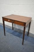 A GEORGIAN MAHOGANY SIDE TABLE, with a single drawer, on square tapered legs, width 80cm x depth