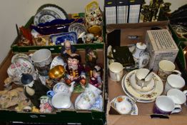THREE BOXES OF CERAMICS, METALWARES, PICTURES, ETC, to include a Royal Albert Beatrix Potter Hunca