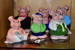 A SET OF SIX WADE NAT WEST PIG MONEY BOXES, comprising Woody, Annabel, Maxwell, Lady Hilary, Sir