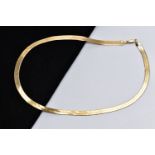A 9CT GOLD NECKLACE, a yellow gold herringbone chain necklace with a chamfered edge detail,