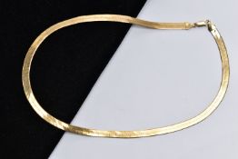 A 9CT GOLD NECKLACE, a yellow gold herringbone chain necklace with a chamfered edge detail,