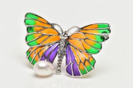 A PLIQUE A JOUR AND GEM BUTTERFLY BROOCH/PENDANT, with green, orange and purple plique-a-jour