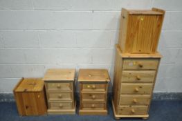 A TALL PINE CHEST OF FIVE DRAWERS, width 44cm x depth 40cm x height 91cm, a pair of three drawer