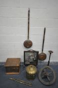 A SELECTION OF OCCASIONAL FURNITURE, to include a fire screen, a copper log box, two copper warming,