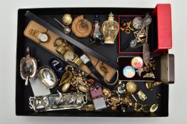 A BOX OF ASSORTED WATCHES AND JEWELLERY, to include five wrist watches, names to include Belgosa,