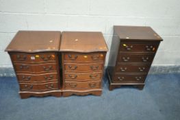 A PAIR OF MAHOGANY SERPENTINE FOUR DRAWER BEDSIDE CABINETS, width 47cm x depth 43cm x height 67cm,