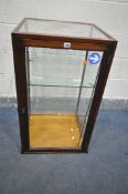A VINTAGE MAHOGANY TABLE TOP DISPLAY CABINET, with two glass shelves, width 53cm x depth 52cm x