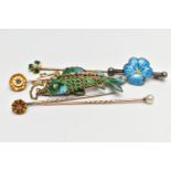 SIX ITEMS OF JEWELLERY, to include an articulated enamel fish, a blue enamel flower bar brooch, a