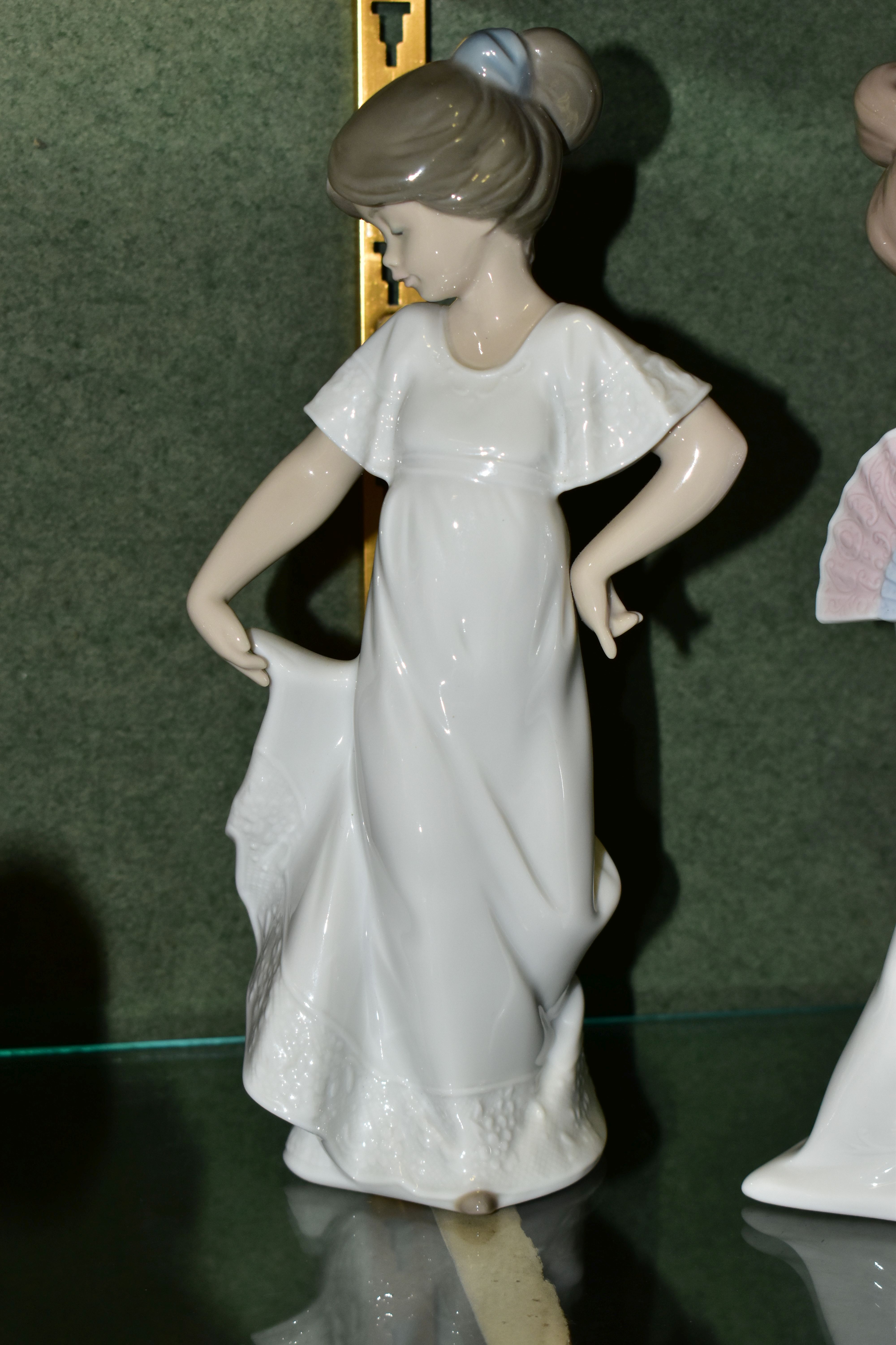 FIVE NAO FIGURES of girls, including a girl with a puppy, a girl with a fan, and a girl dancing, - Image 3 of 4