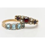 TWO 9CT GOLD GEM SET RINGS, the first a garnet and seed pearl ring, prong set in yellow gold,