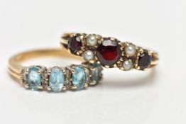TWO 9CT GOLD GEM SET RINGS, the first a garnet and seed pearl ring, prong set in yellow gold,