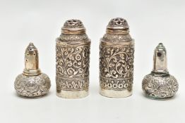 A PAIR OF SILVER SALT AND PEPPER SHAKERS AND A PAIR OF WHITE METAL PEPPERETTES, small pair of salt