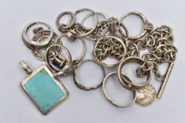 A BAG OF ASSORTED JEWELLERY, to include a silver rolo link chain with toggle clasp, a silver