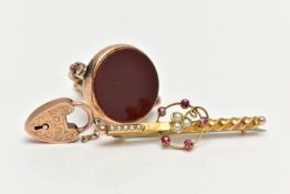 AN ASSORTMENT OF 9CT GOLD, the first a 9ct gold spinner fob, set with bloodstone and carnelian,