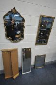 A GILT FRAMED FOLIATE WALL MIRROR, 46cm x 78cm, a rectangular gilt framed bevelled edge wall mirror,