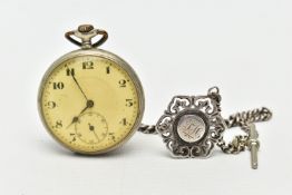AN OPEN FACE POCKET WATCH AND SILVER ALBERT CHAIN, manual wind pocket watch, round white dial,