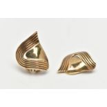 A PAIR OF 9CT GOLD EARRINGS, yellow gold clip on earrings, abstract design with grooved surround,