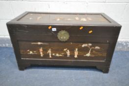 AN ORIENTAL CAMPHORWOOD CHEST, with chinoiserie decoration, width 94cm x depth 46cm x height 51cm (