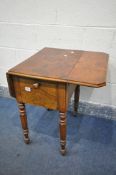 A VICTORIAN QUARTER VENEERED WALNUT DROP LEAF WORK TABLE, with a fall front enclosing a marble