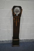 AN ART DECO OAK GRANDDAUGHTER CLOCK, height 138cm (condition:-worn dial)